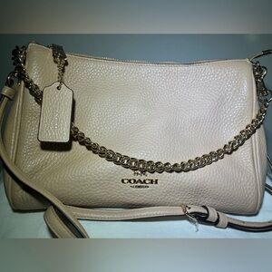 Coach Beige Leather Shoulder Bag with Gold Chain